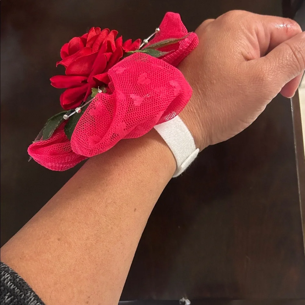 Red Floral Wrist Corsage and boutonnière homemade